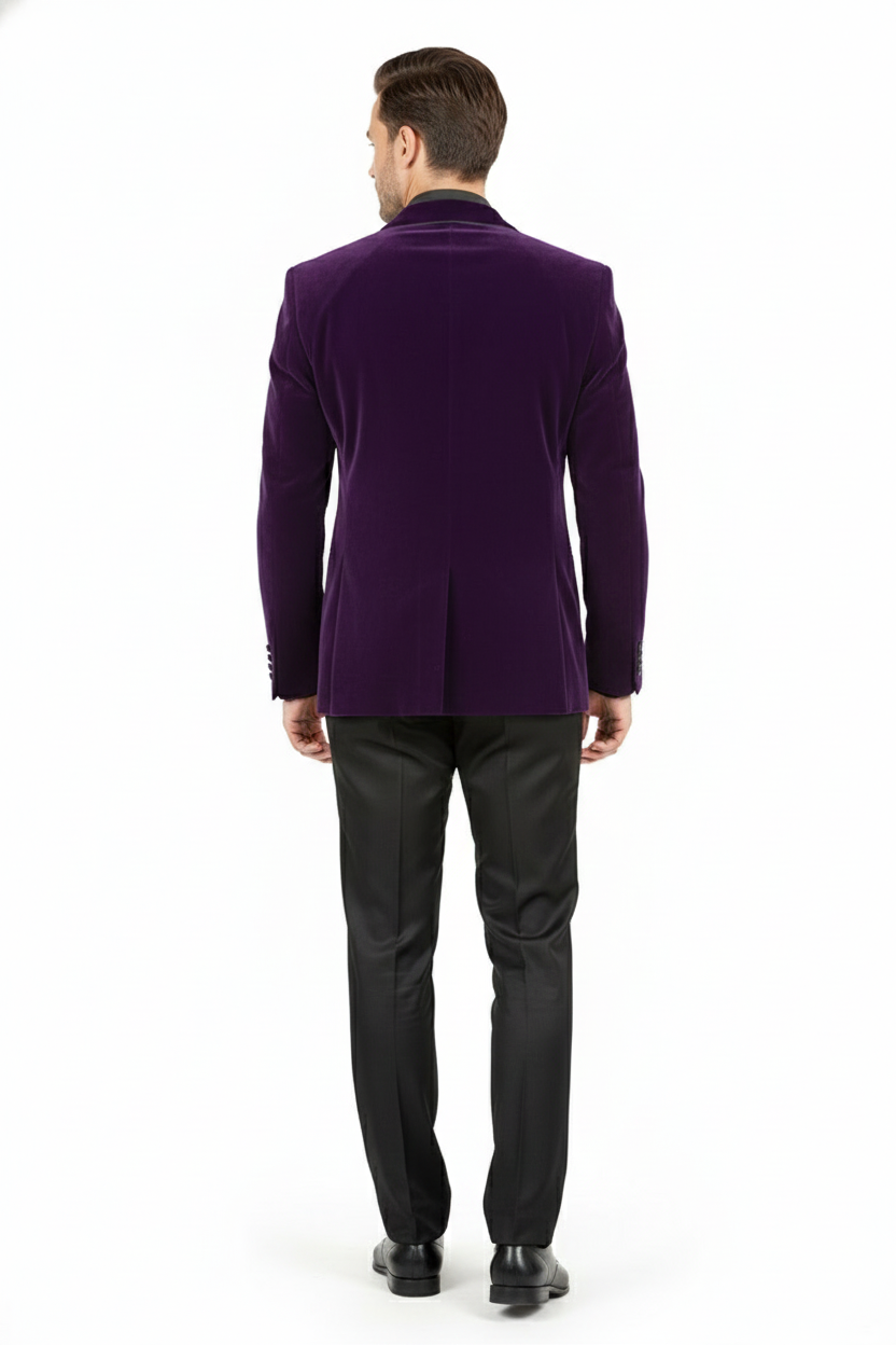 Men’s Purple Velvet Blazer – Luxury Slim Fit Formal Jacket with Black Satin Trim Tuxedo Dinner Jacket