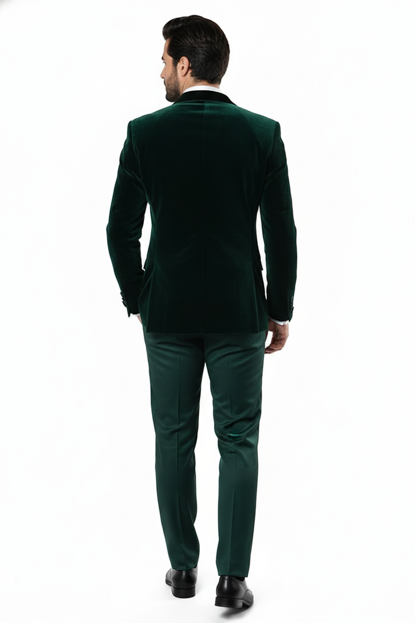 Men’s Dark Green Velvet Tuxedo Dinner Jacket – Slim Fit Formal Blazer with Satin Peak Lapel Lape