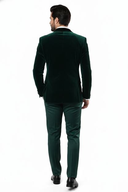 Men’s Dark Green Velvet Tuxedo Dinner Jacket – Slim Fit Formal Blazer with Satin Peak Lapel Lape