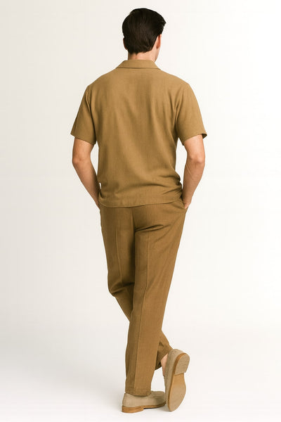 Mens Mocha Brown Short Sleeve Knit Walking Suit – Two-Piece Casual Button Down Set in Taupe Coffee Color 2   - from alligatorwarehouse.com