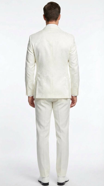 Men’s Ivory Double Breasted Tuxedo Dinner Jacket – Textured Blazer Paisley Texture Pattern in Off White Cream Color + Bowtie