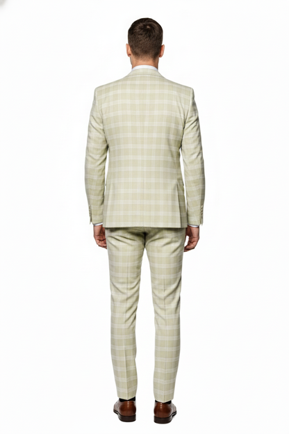 Men’s Light Beige Check 3-Piece Suit Set – Premium Tailored Fit Formal Wedding and Spring Event Suit Light Tan Sand Color By Rossiman