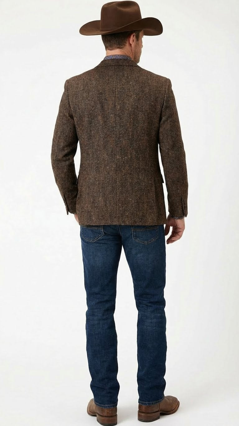 Men’s Brown Western Tweed Herringbone Blazer Jacket – Classic Cowboy Style Sport Coat for Wedding Party