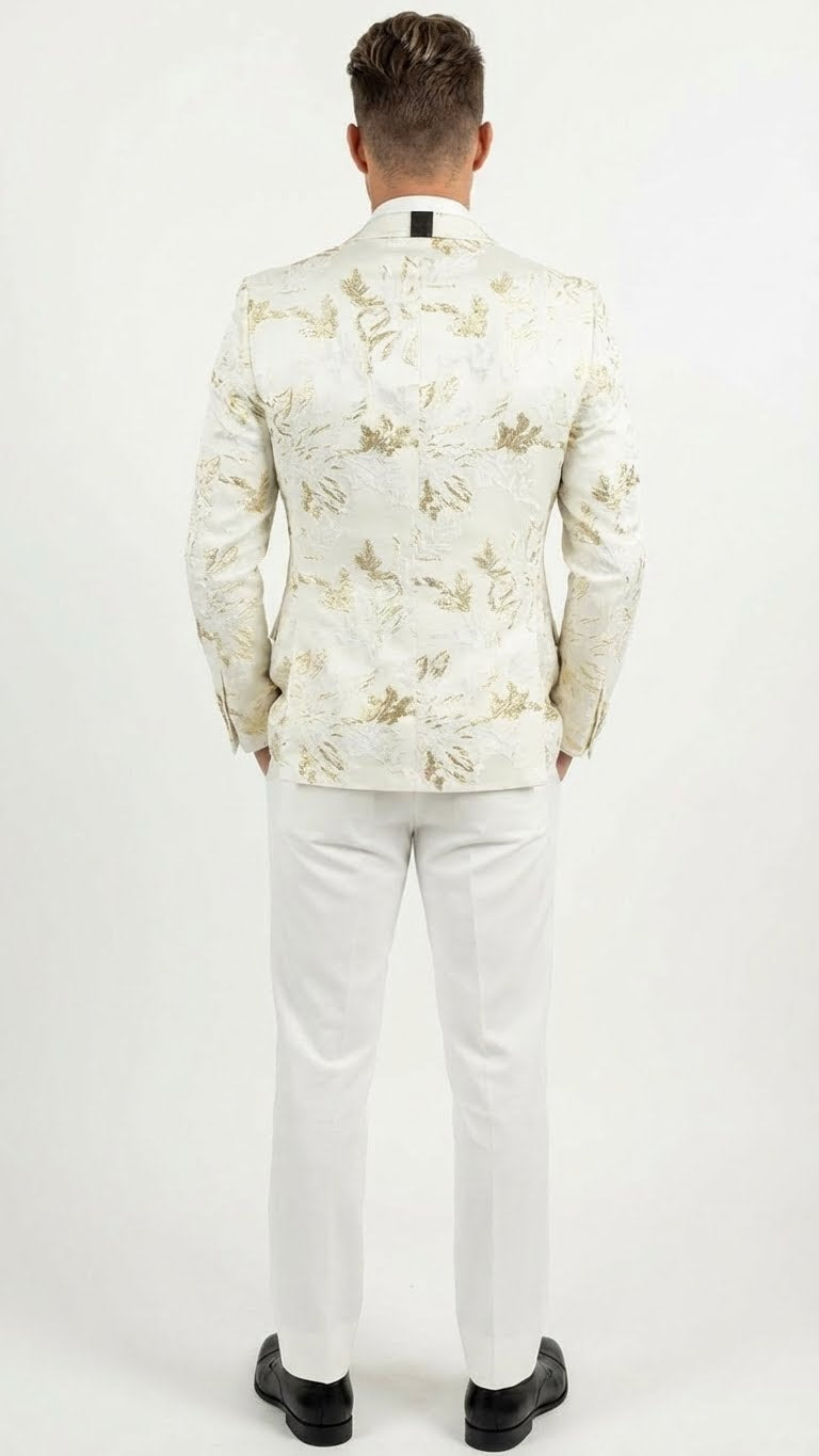 Men’s White and Gold Patterned Blazer – Paisley Floral Pattern Prom Wedding Suit Tuxedo Dinner Jacket + Bowtie