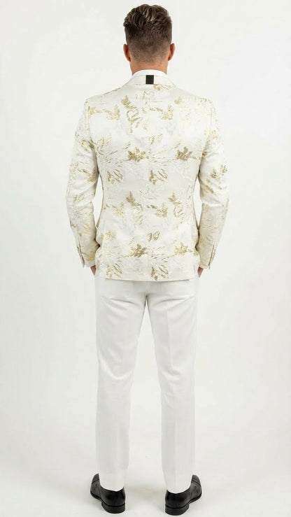 Men’s White and Gold Patterned Blazer – Paisley Floral Pattern Prom Wedding Suit Tuxedo Dinner Jacket + Bowtie