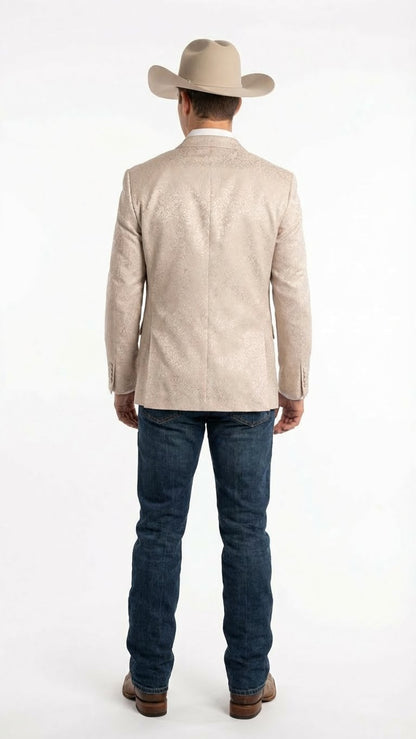 Men’s Tan Khaki Beige Cream Champaign Paisley Western Blazer Jacket, Embossed Dress Sport Coat for Wedding Party Rodeo Style