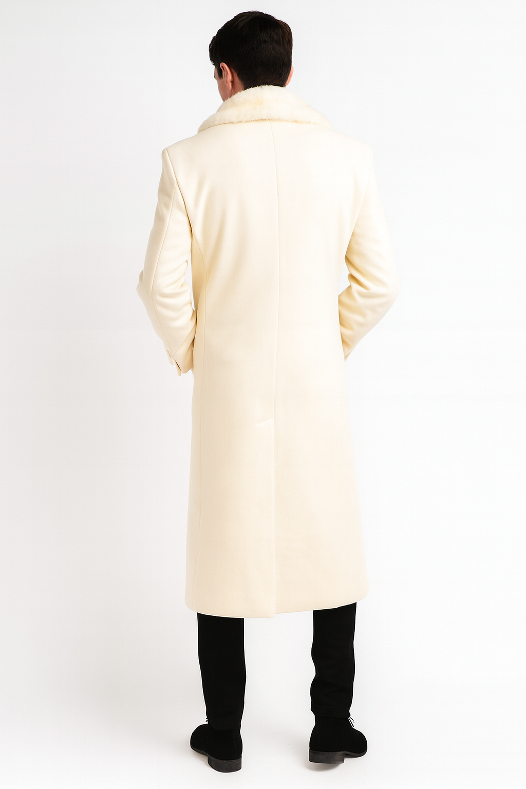 Men’s Ivory - Cream - Off White Full-Length Overcoat with Luxurious Faux Fur Shawl Collar – Winter Dress Coat 2   - from alligatorwarehouse.com