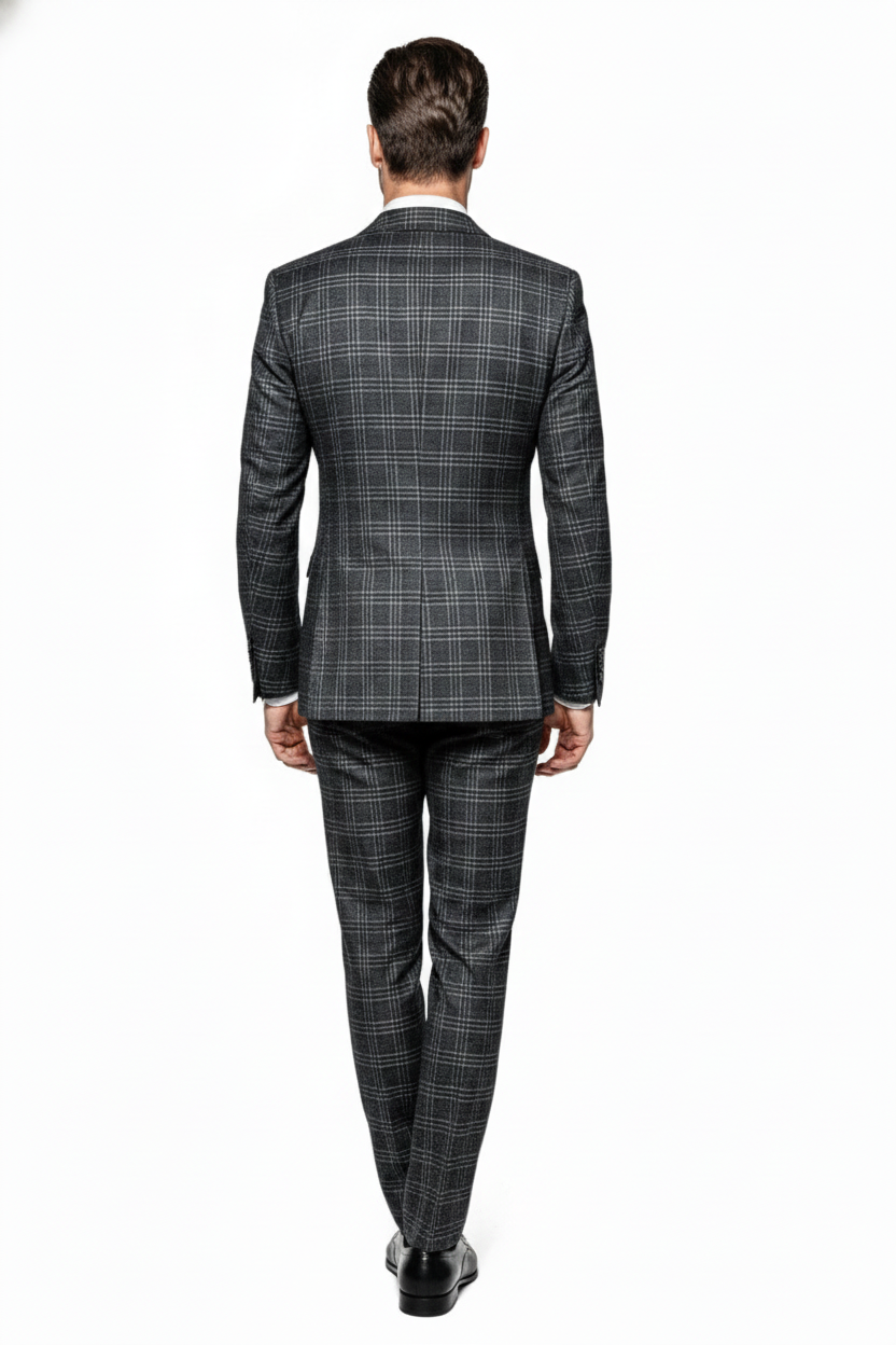 Men’s Charcoal Plaid Double-Breasted Suit –  Tailored Pants Windowpane Pattern By Rossiman