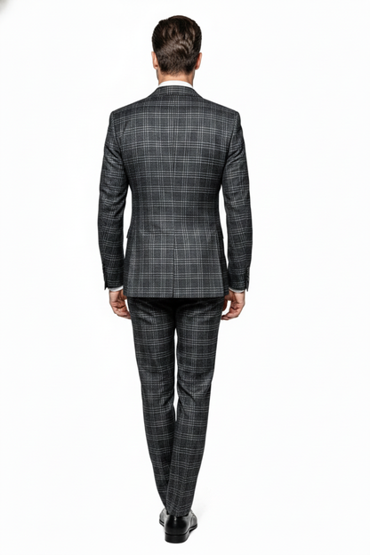 Men’s Charcoal Plaid Double-Breasted Suit –  Tailored Pants Windowpane Pattern By Rossiman
