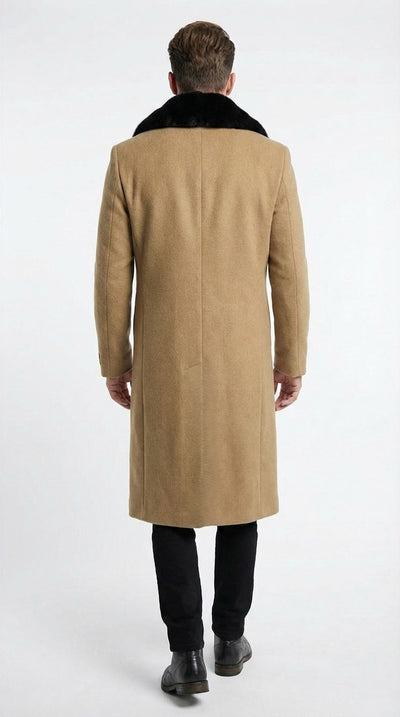 Men’s Camel Tan Long Overcoat with Black Faux Fur Collar - Wool Topcoat Three if not Full length