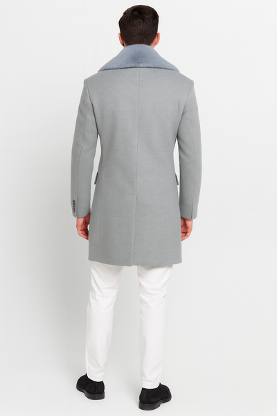 Men’s Light Grey Double Breasted Overcoat with Faux Fur Shawl Collar – Winter Luxury Coat Wool Fabric 2   - from alligatorwarehouse.com