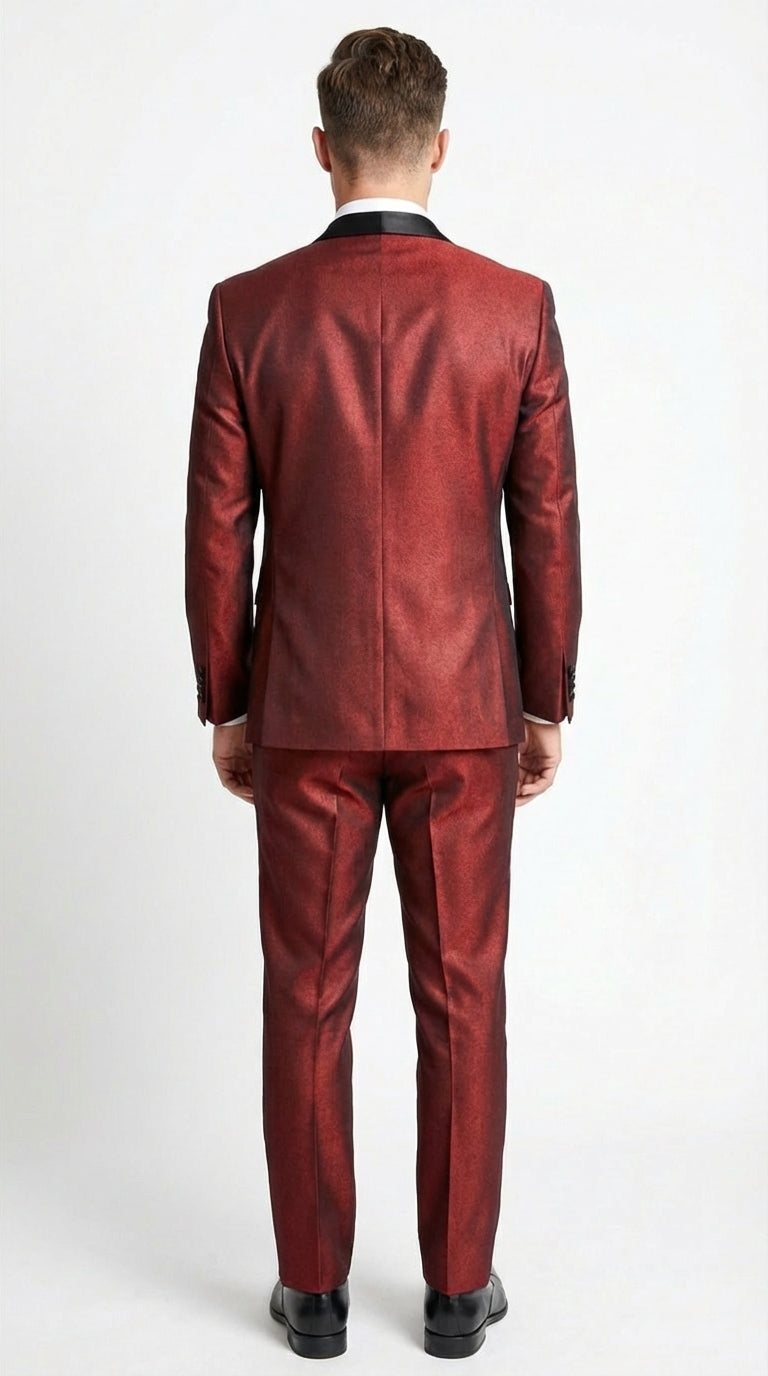Men’s Shiny Burgundy Satin Tuxedo Jacket with Black Shawl Lapel | Formal Wedding & Prom Blazer - Sharkskin Fabric