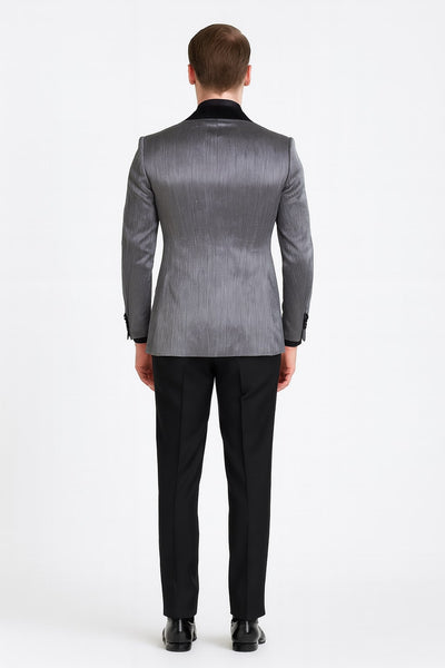 Silver Metallic Tuxedo Suit with Black Satin Peak Lapel – Mens Slim Fit Formal Wedding and Prom Attire in Charcoal Grey With Pants 2   - from alligatorwarehouse.com
