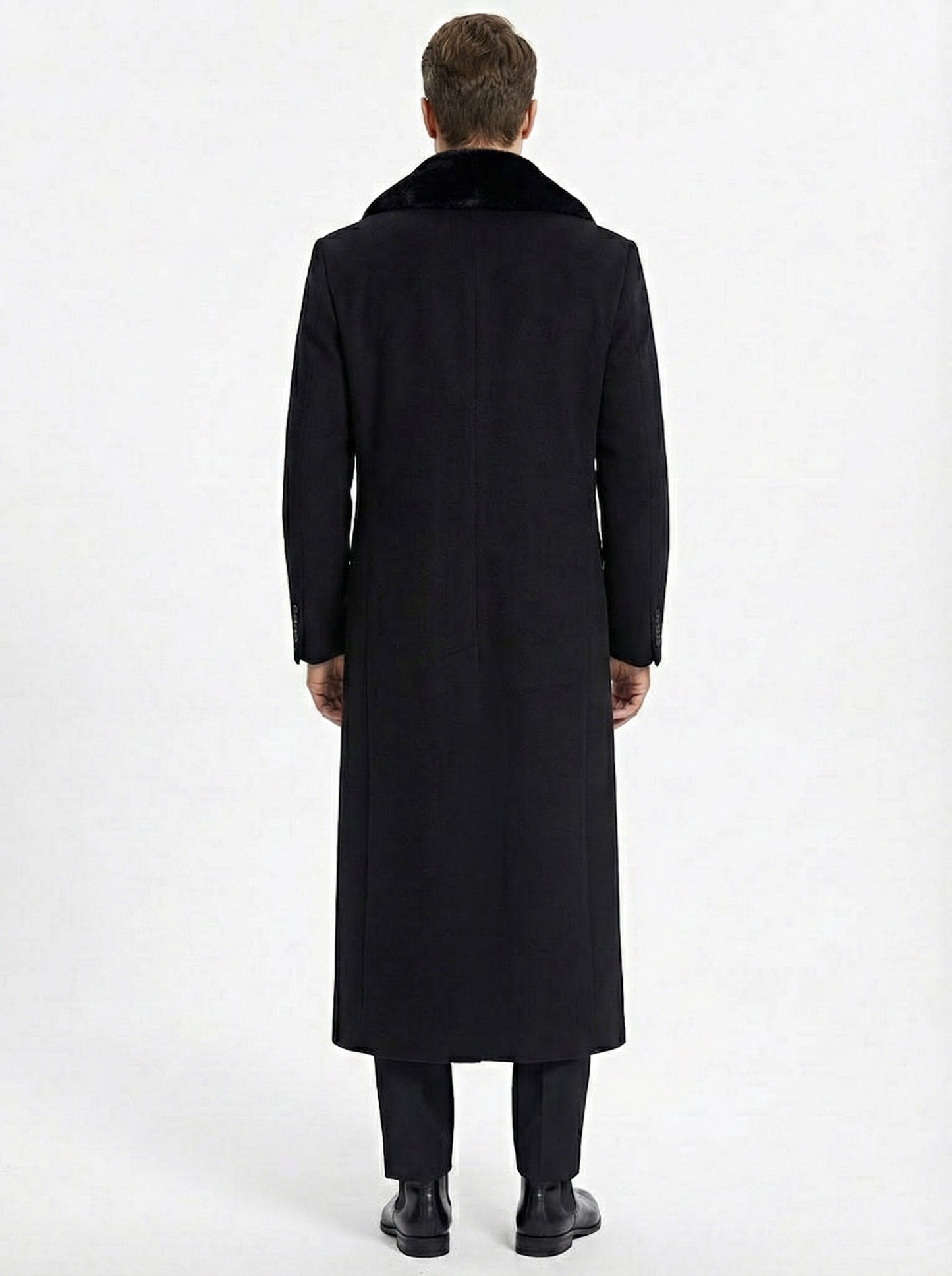 Men’s Black Long Overcoat with Faux Fur Collar, Full Length Winter Topcoat for Formal and Business Wear