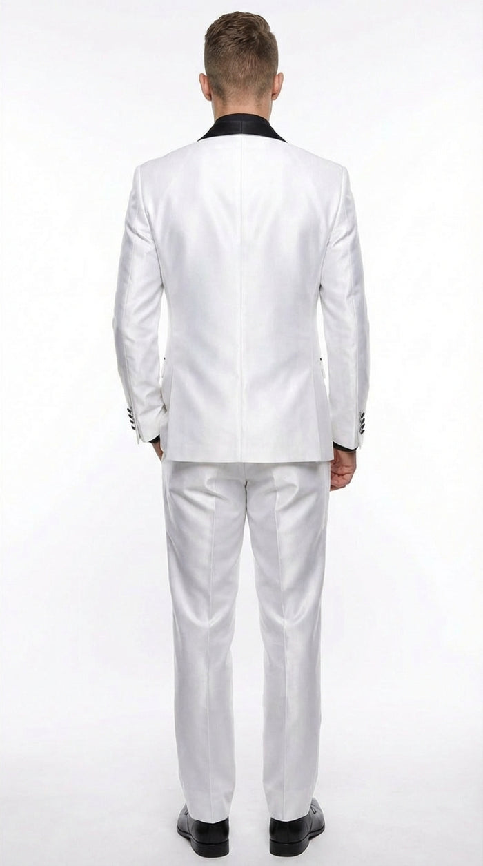 Men’s White Shiny Flashy Fabric Tuxedo Suit with Black Shawl Lapel | Luxury Formal Wedding and Evening Suits Sharkskin Metallic Fabric