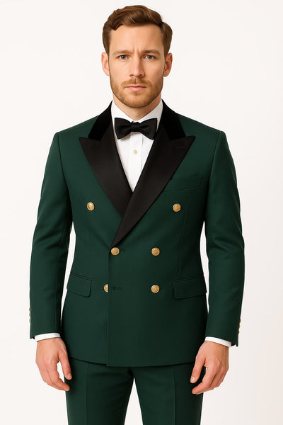 Men's Green Double-Breasted Wedding Tuxedo with Black Velvet Lapel and Gold Buttons 2   - from alligatorwarehouse.com