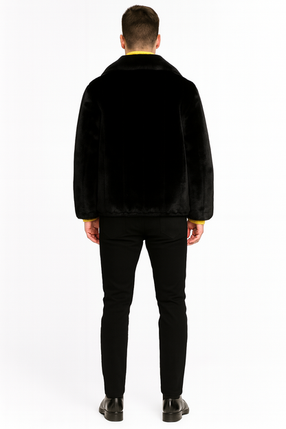 Men’s Black Faux Fur Jacket – Luxury Winter Zip-Up Coat with Soft Plush Finish