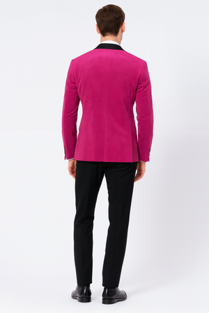 Men’s Fuchsia Tuxedo Blazer with Black Satin Lapel – Stylish Party and Wedding Jacket in Hot Pink Color with Black Pants