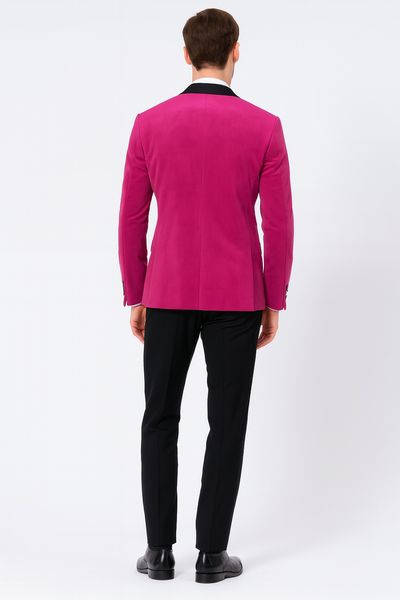 Men’s Fuchsia Tuxedo Blazer with Black Satin Lapel – Stylish Party and Wedding Jacket in Hot Pink Color with Black Pants 2   - from alligatorwarehouse.com
