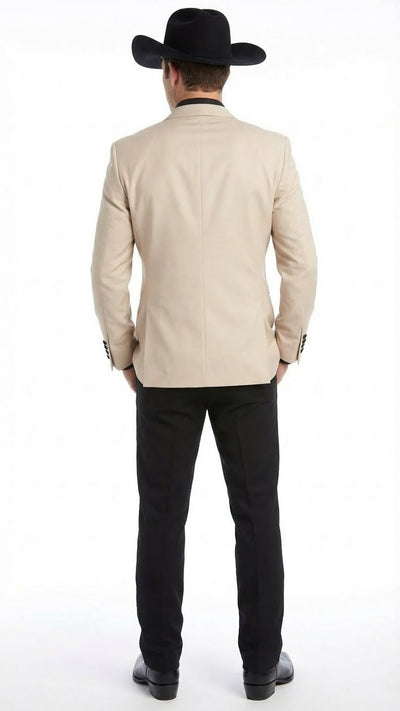 Men's Light Tan and Black Lapel Western Tuxedo Suit Set Wedding Party Cowboy Dress Tuxedo Black Pants