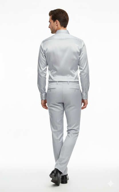 Men’s Silver Satin Dress Shirt and Pants Set – Luxury Slim Fit Outfit for Parties, Weddings, and Formal Events