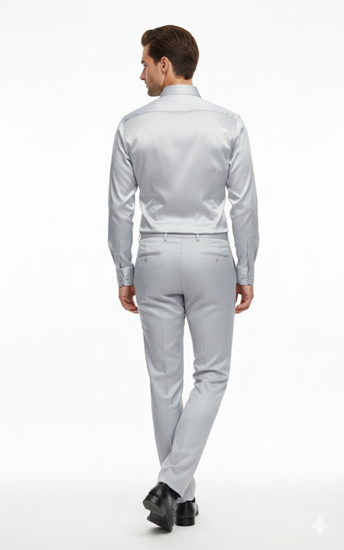 Men’s Silver Satin Dress Shirt and Pants Set – Luxury Slim Fit Outfit for Parties, Weddings, and Formal Events
