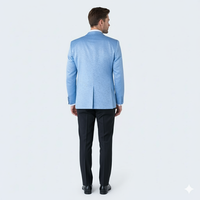 Men’s Light Blue Paisley Tuxedo Jacket – Elegant Satin Shawl Lapel Dinner Blazer for Weddings, Proms in Sky Powder Blue Color Bowtie 5   - from alligatorwarehouse.com