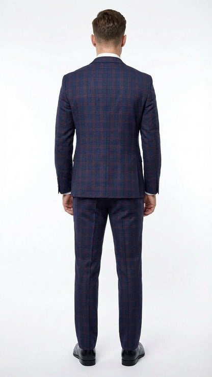 Men’s Navy Blue and Burgundy Checkered Two-Piece Suit Plaid Windowpane – Flat Front Pants or Pleated Wide Leg Pants - 100% Wool