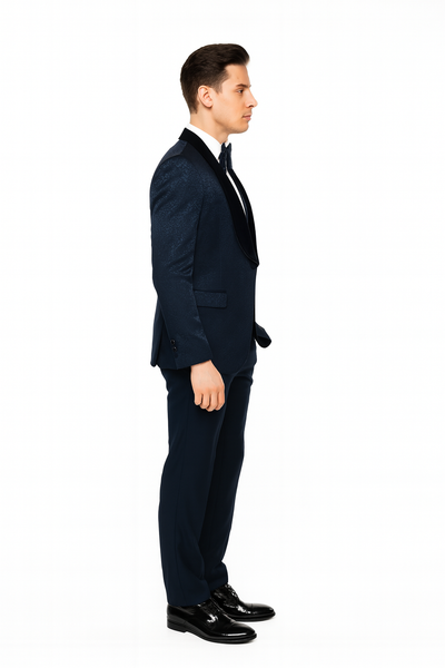 Men’s Navy Blue Jacquard Tuxedo with Black Velvet Shawl Lapel – 3 Piece Formal Suit with Bow Tie 3   - from alligatorwarehouse.com