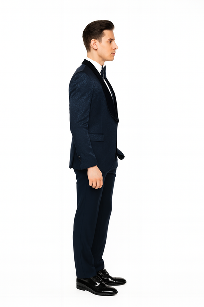 Men’s Navy Blue Jacquard Tuxedo with Black Velvet Shawl Lapel – 3 Piece Formal Suit with Bow Tie