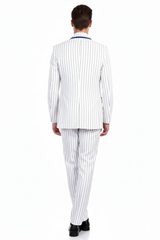 Men’s White and Royal Blue Pinstripe 3-Piece Suit – Classic Fit Blazer with Vest, Pants, and Tie