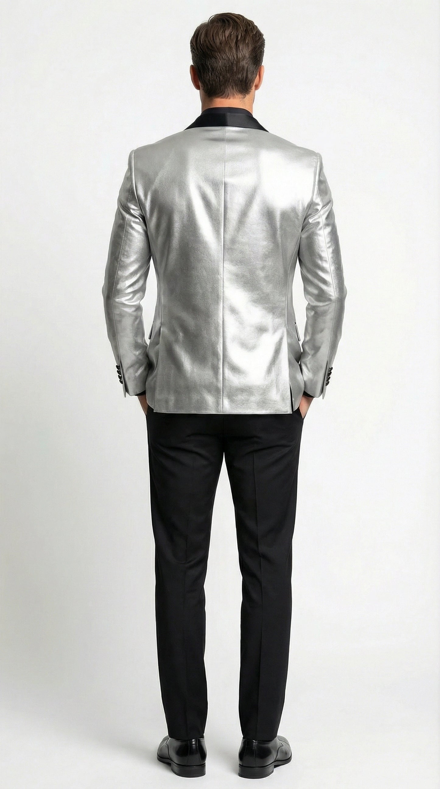 Men’s Shiny Silver Blazer with Black Lapel – Luxury Metallic Formal Jacket for Party, Evening and Special Events