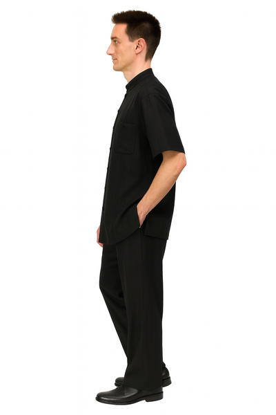 Men’s Black Banded Collar Walking Suit – Short Sleeve Shirt and Matching Pants Banded Collar Linen Fabric 1   - from alligatorwarehouse.com