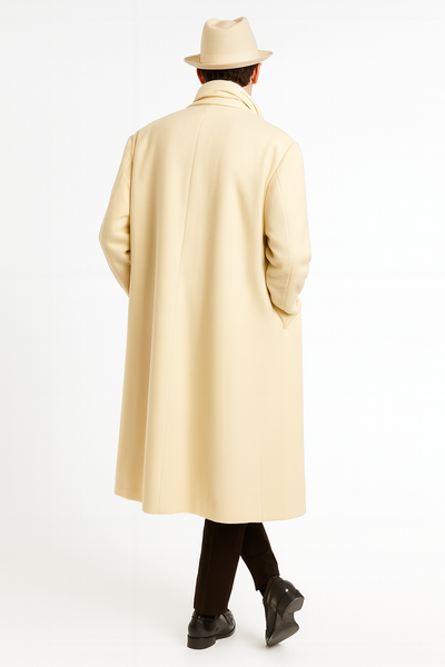 Men’s Long Cream Overcoat Wool Fabric in Ivory Off White Color Full length 2   - from alligatorwarehouse.com