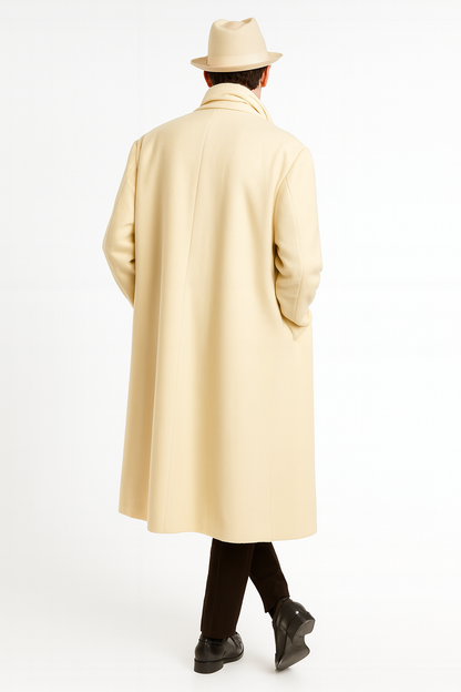 Men’s Long Cream Overcoat Wool Fabric in Ivory Off White Color Full length