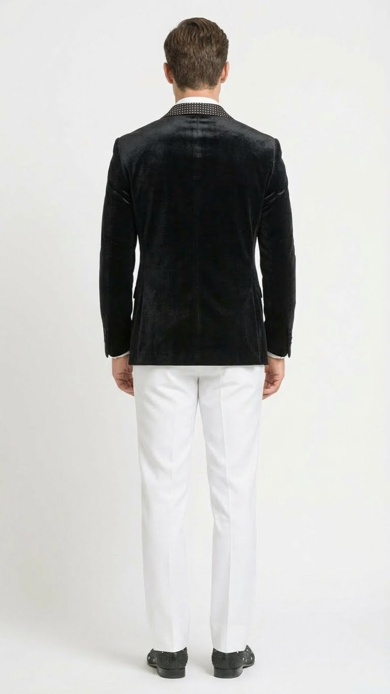 Men’s Black Velvet Tuxedo Blazer with Studded Lapel – Formal Evening Jacket