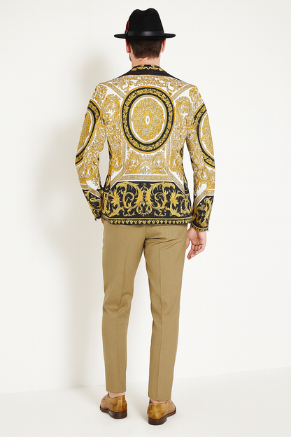 Men’s Black and Gold Baroque Blazer with Matching Pants, Hat, and Shoes – Luxury Party and Wedding Outfit Set