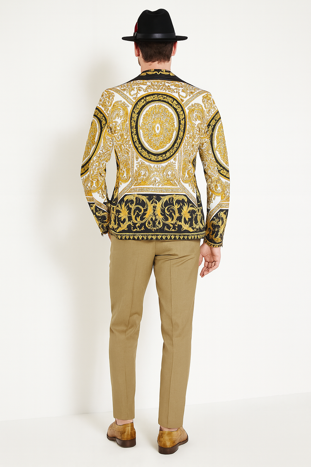 Men’s Black and Gold Baroque Blazer with Matching Pants, Hat, and Shoes – Luxury Party and Wedding Outfit Set