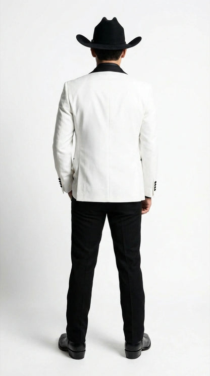 Men’s White Cowboy Tuxedo with Black Satin Lapel – Western Formal Suit with Matching Vest