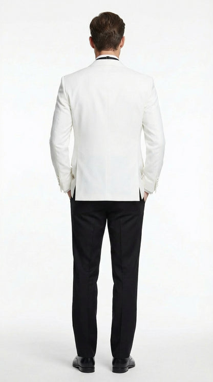 Men's White Dinner Jacket Tuxedo Blazer with Black Satin Shawl Lapel  With Black Tuxedo Pants