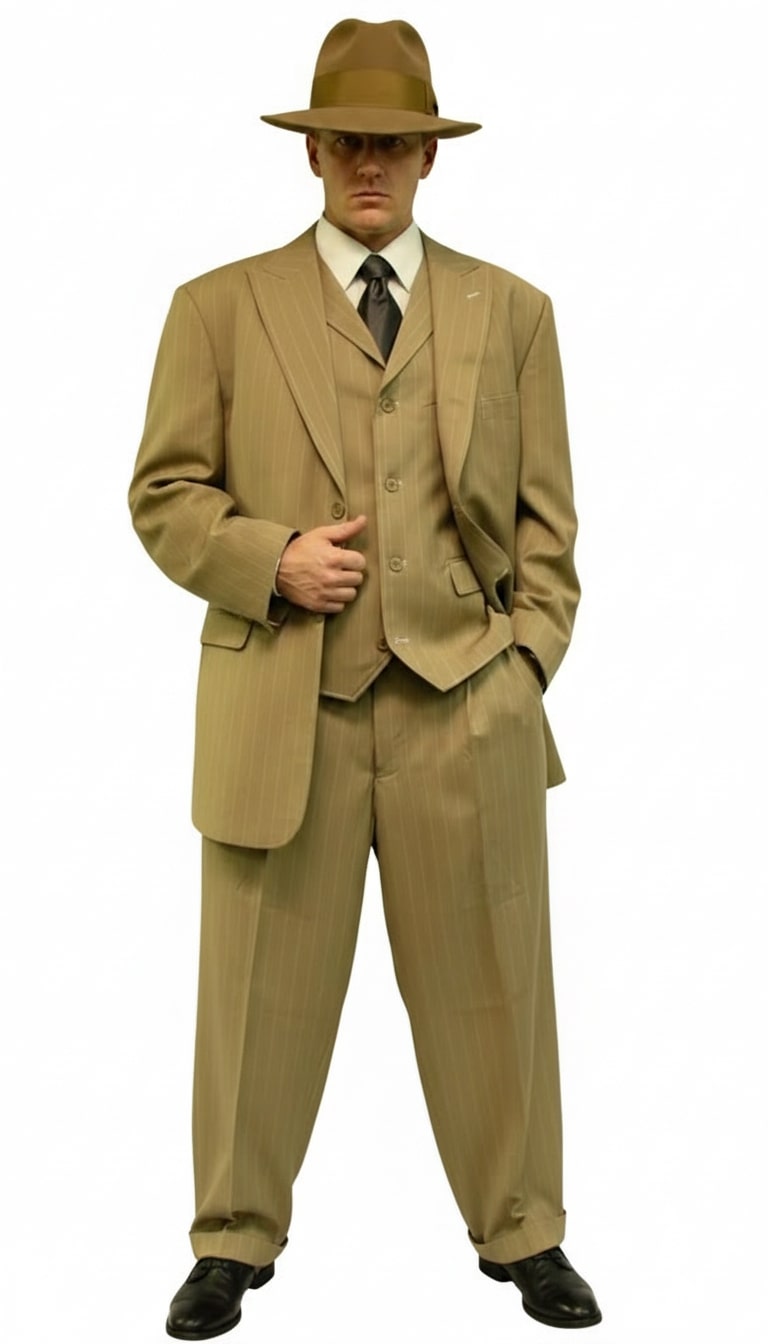 Mens Tan Pinstripe Three Button Suit – 1920s Gangster Vintage 3-Piece Suit with Wide-Leg Pants and Fedora Style in Beige Color