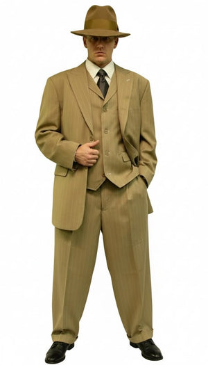 Mens Tan Pinstripe Three Button Suit – 1920s Gangster Vintage 3-Piece Suit with Wide-Leg Pants and Fedora Style in Beige Color