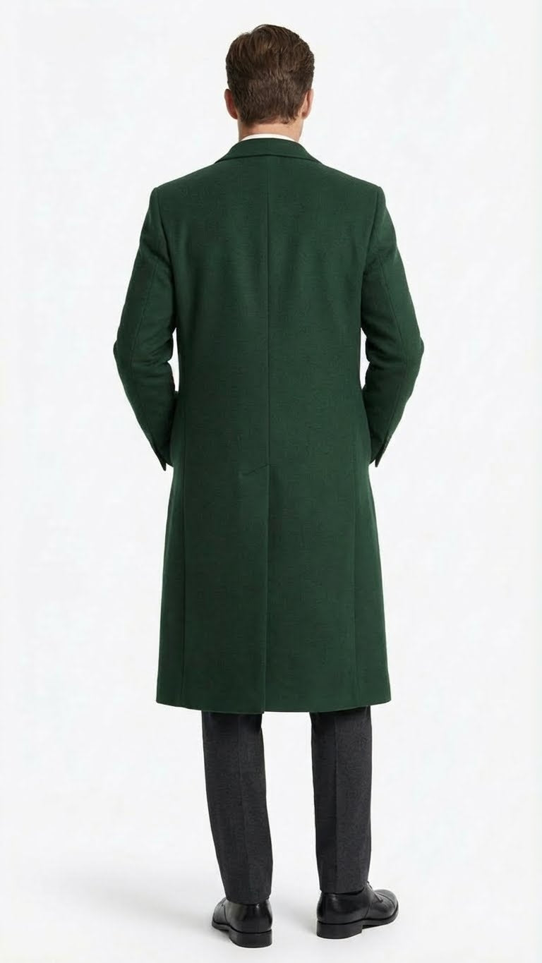 Men’s Hunter Green Full-Length Wool Overcoat – Classic Winter Dress Coat for Formal and Casual Wear Topcoat Mens Wintercoat