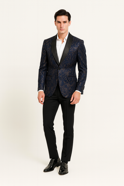 Men’s Navy Blue Sequin Tuxedo Jacket with Black Satin Shawl Lapel – Luxury Prom and Wedding Blazer 5   - from alligatorwarehouse.com
