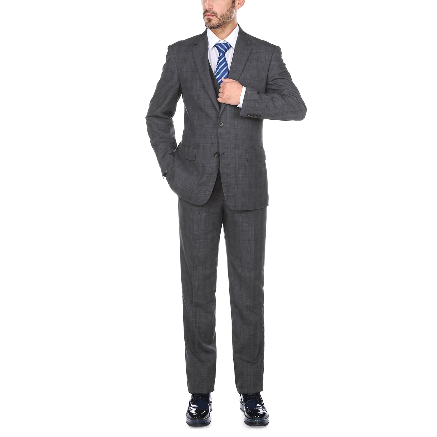 San Gemini Collection - 3 Piece Suit 2 Buttons Gray Glen Plaid Regular Fit