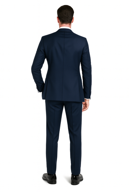 Men’s Navy Blue Tuxedo with Satin Peak Lapel with navy sateen  – 3 Piece Formal Suit with Vest and Bow Tie