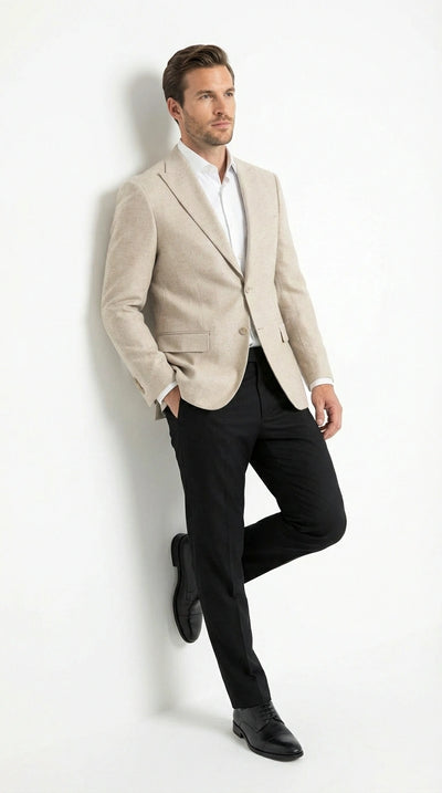 Zacchi Men’s Beige Hopsack Blazer – Classic Two Button Sport Coat with Peak Lapel Formal Jacket