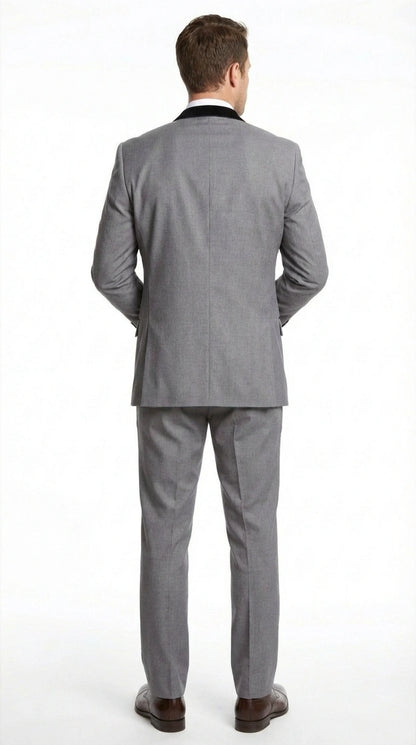 Men’s Light Gray Three Piece Suit with Black Chesterfield Collar  – Classic Formal Wedding and Business Suit Set 1920s Vintage