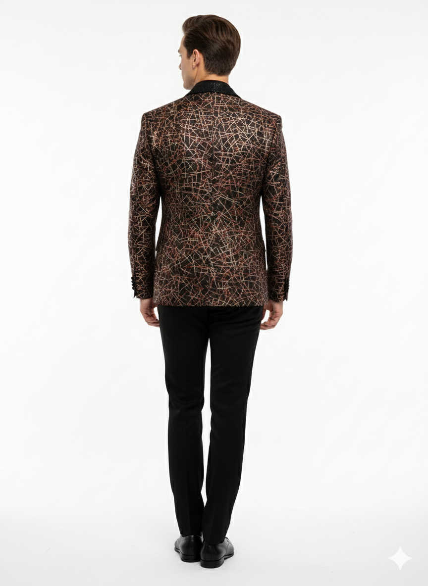 Men’s Black Shiny Designer Blazer with Red and Gold Pattern – Luxury Party & Wedding Jacket