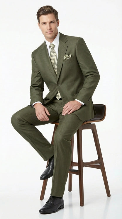 Men’s Olive Green Tuxedo With Trim Collar – Formal Wedding, Prom Suit Modern Fit